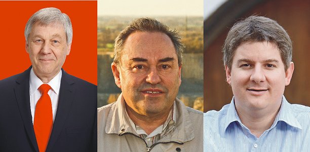 Diese drei Herren stellen sich als Bürgermeisterkandidat zur Wahl, v.l.: Dr. Günter Fiedler (SPD), Hartwig Seger (parteilos) und Dr. Remco van der Velden (CDU - unterstützt durch BG und FDP).
