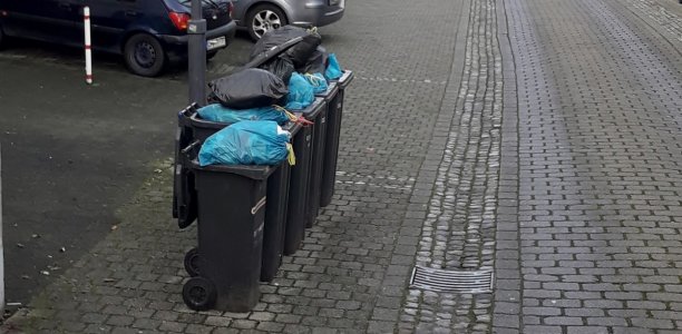 Übervolle Mülltonnen.